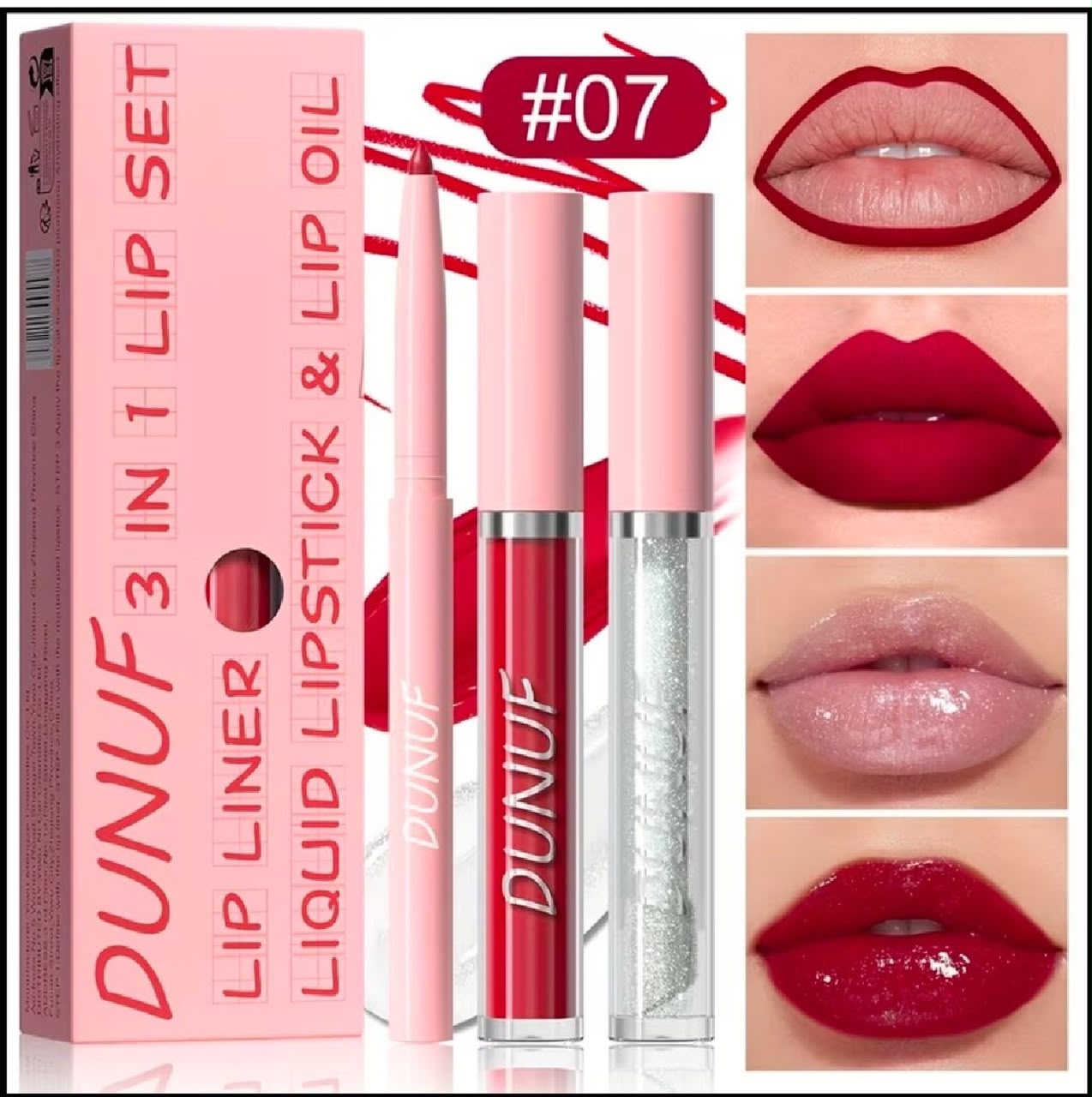 3-in-1 Lip Set Matte Lipstick, Lip Liner & Lip Oil Long Lasting Waterproof Lip Makeup Kit- 07