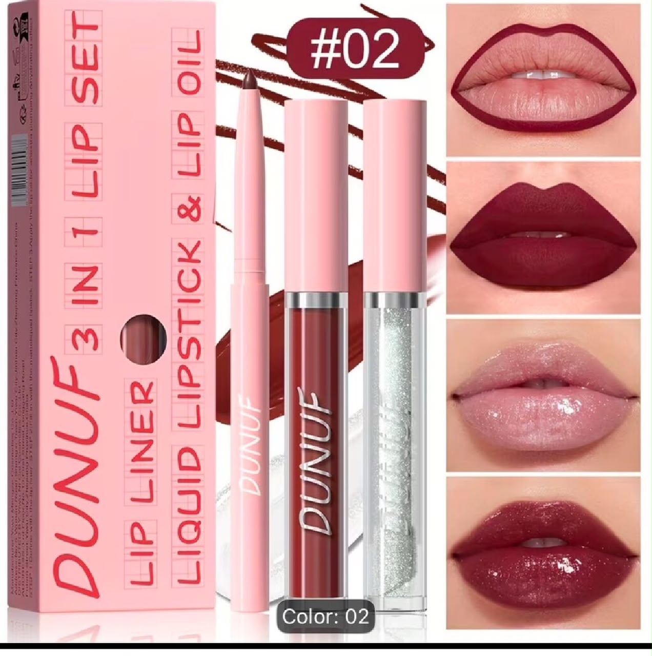 3-in-1 Lip Set Matte Lipstick, Lip Liner & Lip Oil Long Lasting Waterproof Lip Makeup Kit -02