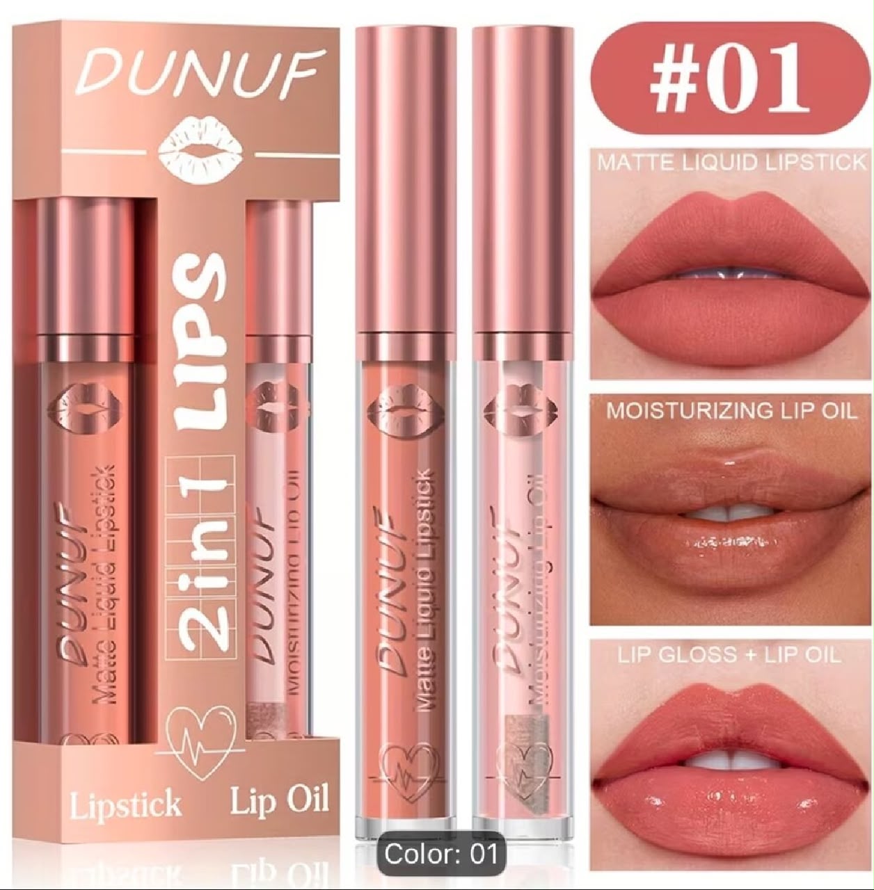 2-in-1 Matte Liquid Lipstick & Moisturizing Lip Oil Long Lasting Lip Makeup Set - 01