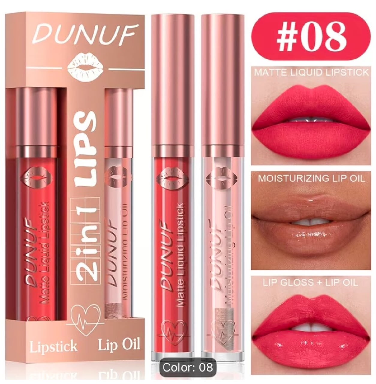 2-in-1 Matte Liquid Lipstick & Moisturizing Lip Oil Long Lasting Lip Makeup Set - 08 color option