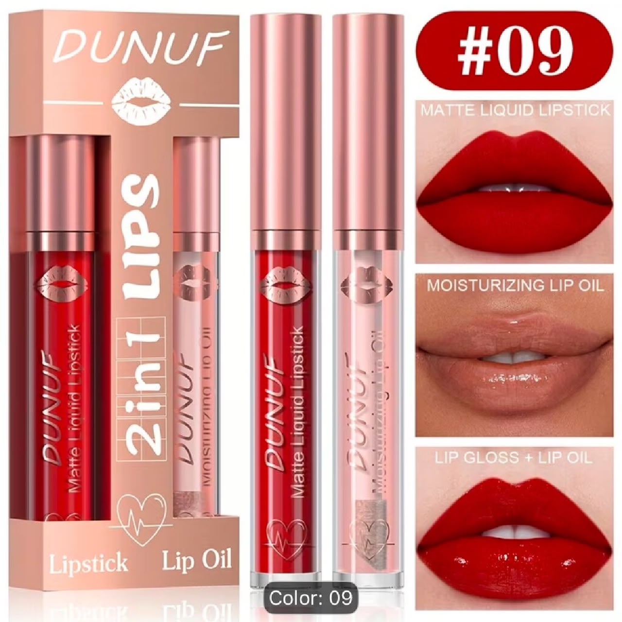 2-in-1 Matte Liquid Lipstick & Moisturizing Lip Oil Long Lasting Lip Makeup Set - 09