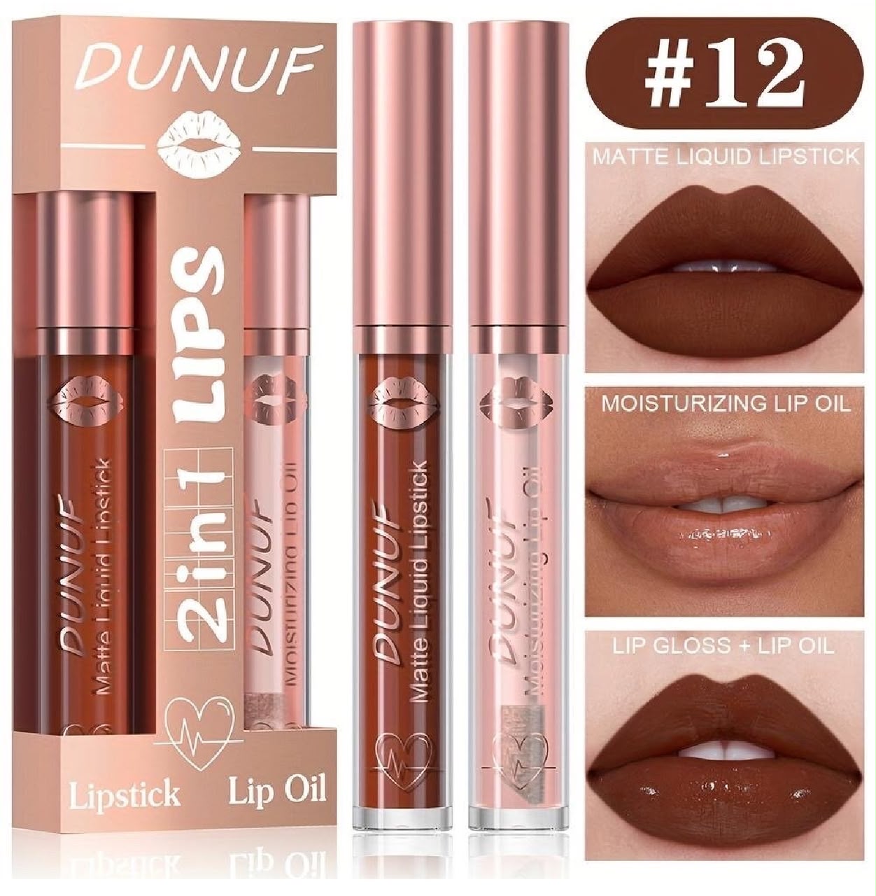 2-in-1 Matte Liquid Lipstick & Moisturizing Lip Oil Long Lasting Lip Makeup Set - 12 color option