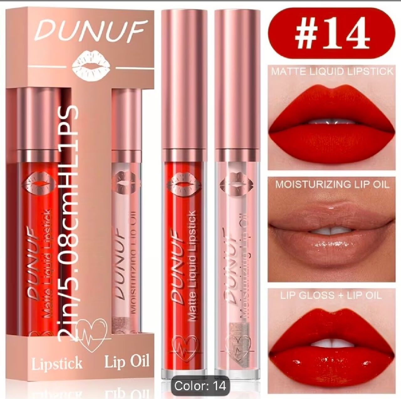 2-in-1 Matte Liquid Lipstick & Moisturizing Lip Oil Long Lasting Lip Makeup Set - 14