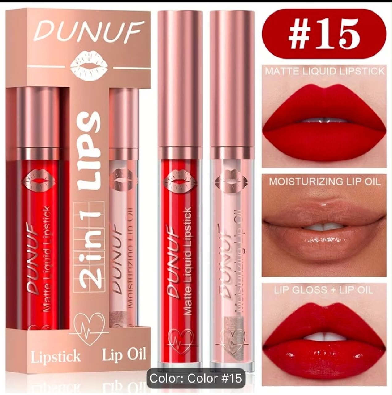 2-in-1 Matte Liquid Lipstick & Moisturizing Lip Oil Long Lasting Lip Makeup Set - 15 color option