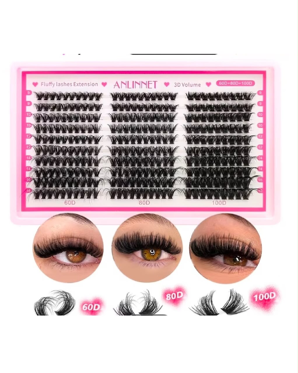 ANLINNET Fluffy Lashes Extension – 3D Volume Cluster False Eyelashes – 60D + 80D + 100D – Black