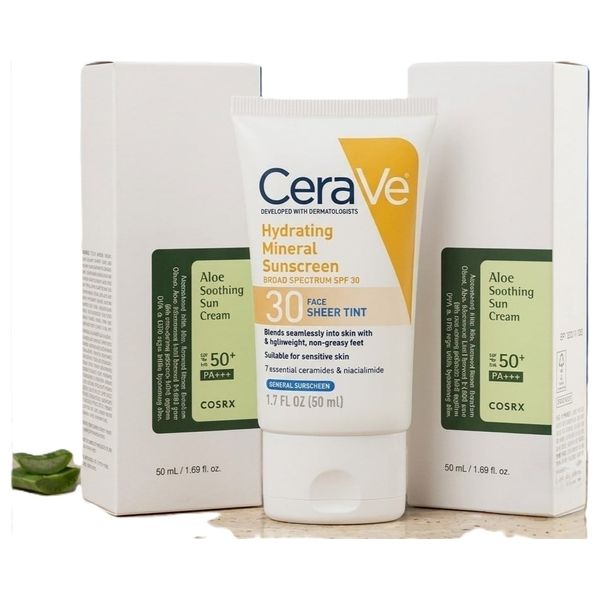 COSRX + CeraVe Sunscreen Set + Aloe Soothing Sun Cream & Hydrating Mineral Face Sheer Tint SPF30 + 50ml + 3 Pcs