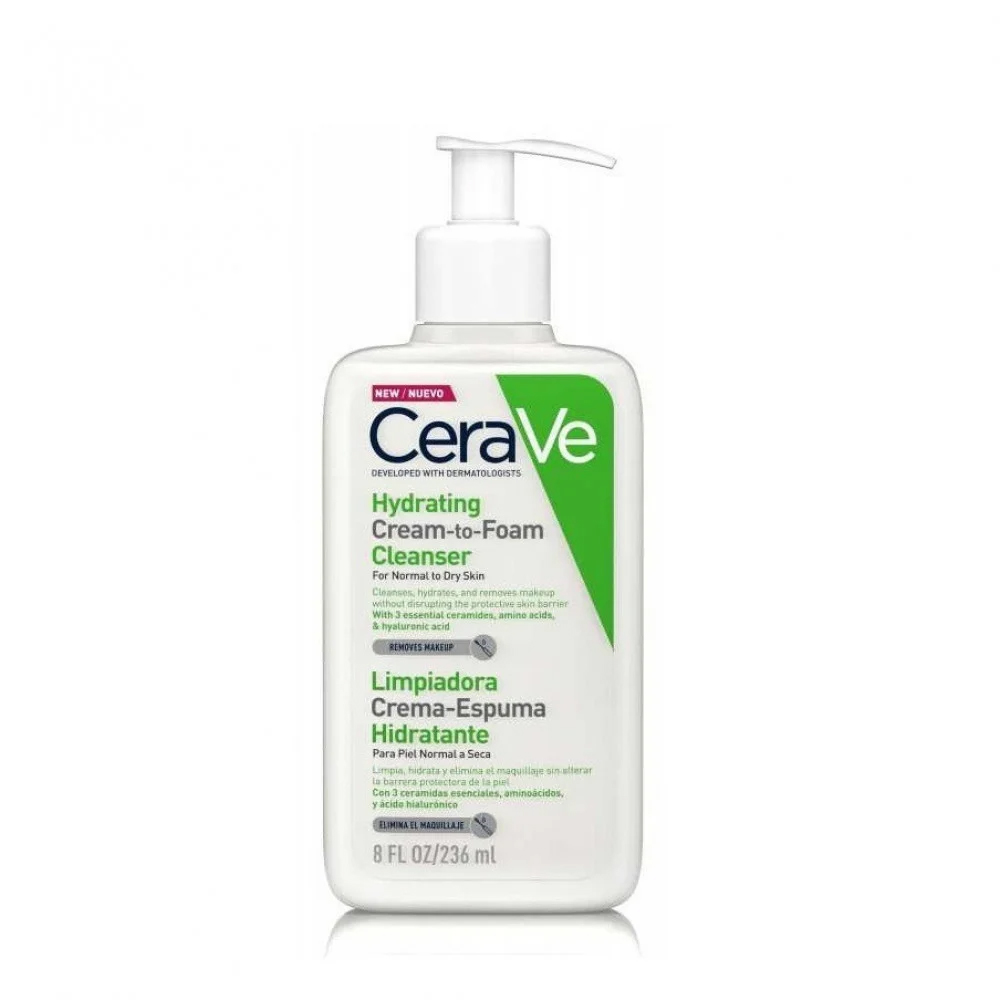 CeraVe Facial Cleanser + Hydrating Cream-to-Foam Cleanser & Makeup Remover for Normal to Dry Skin + 236ml color option