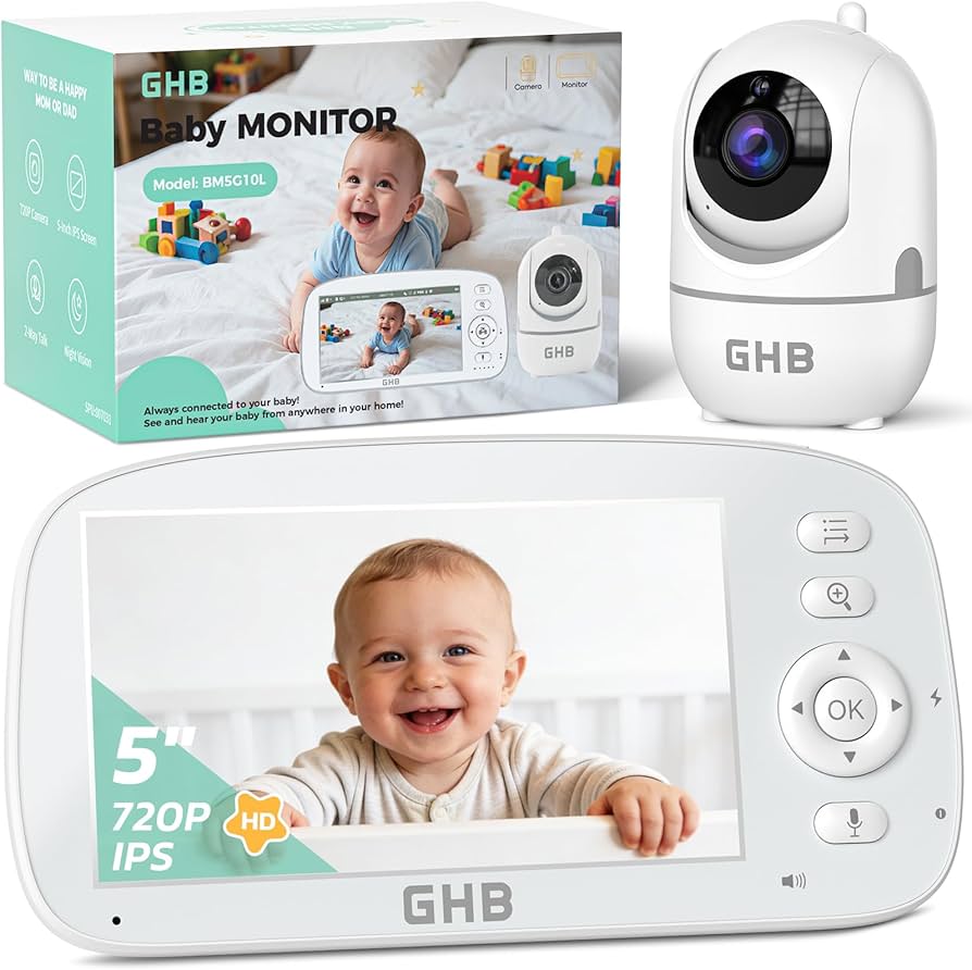 GHB Baby Monitor with Camera and Night Vision, 5 Inch Screen, 2-Way Audio, White color option