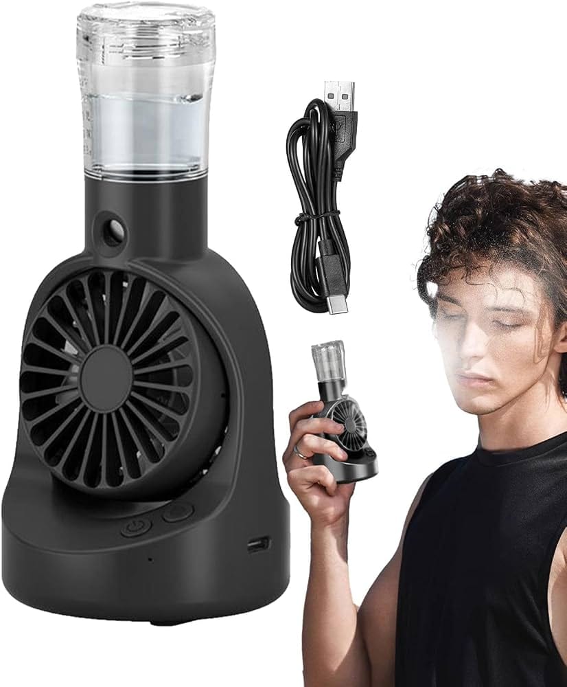 Portable Handheld Mist Fan + USB Rechargeable + Water Spray Cooling + Black color option
