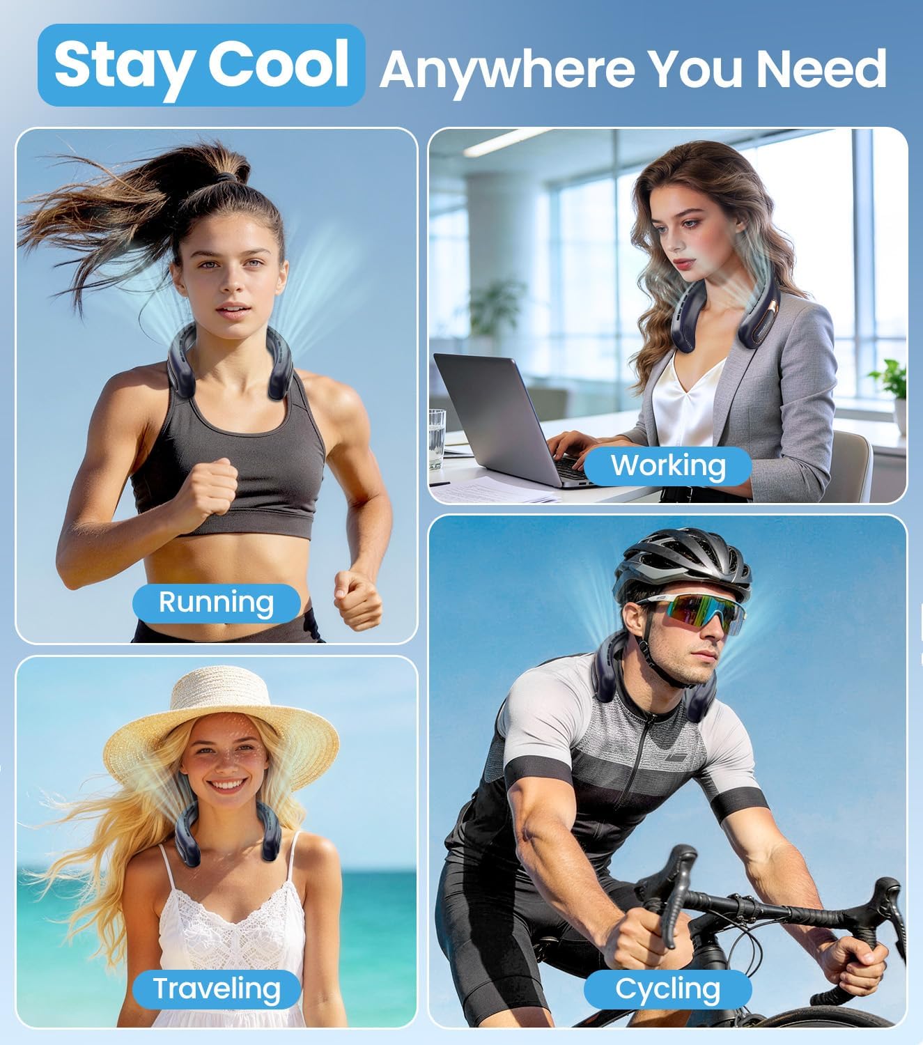 Neck Fan, Bladeless Portable Neck Fan, 4000mAh USB Rechargeable Face Fan, 3 Speed Personal Cooling Fan with 360° Airflow