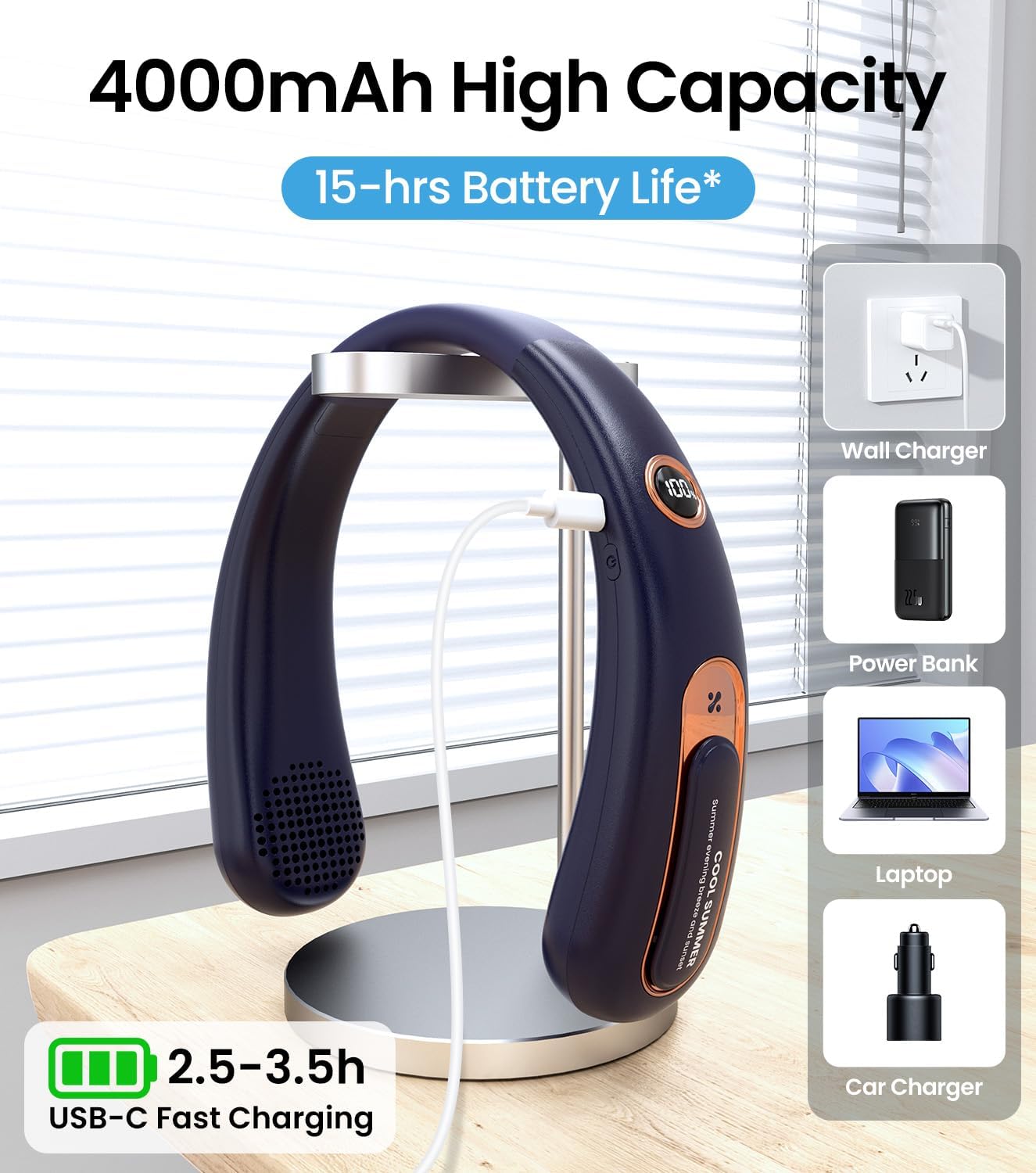 Neck Fan, Bladeless Portable Neck Fan, 4000mAh USB Rechargeable Face Fan, 3 Speed Personal Cooling Fan with 360° Airflow