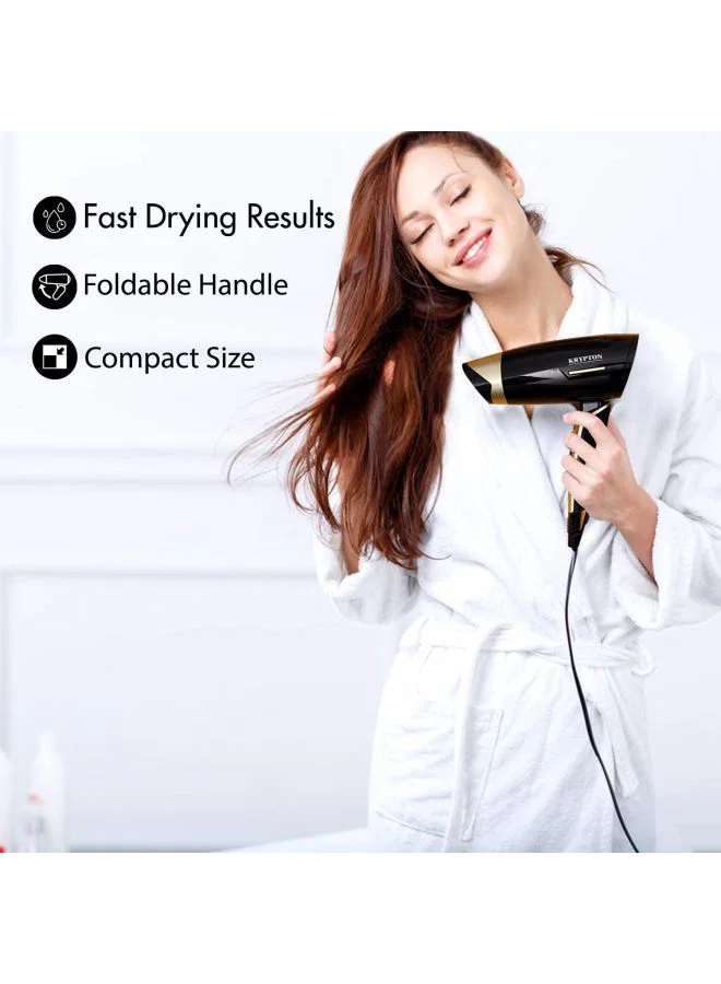 Krypton Hair Dryer + 1200W + Powerful Airflow with Concentrator Nozzle + Black & Gold