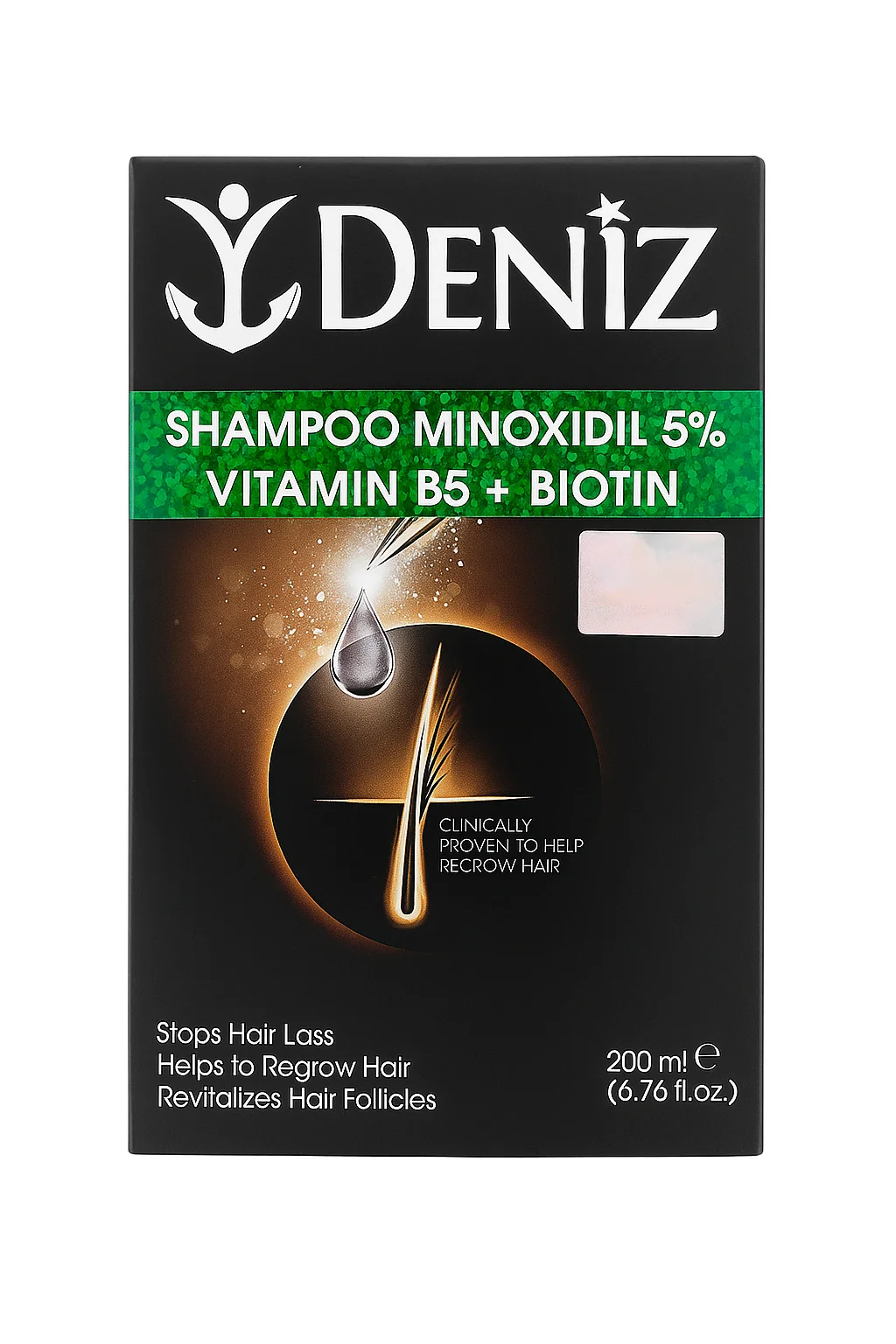 DENIZ Shampoo Minoxidil 5% + Vitamin B5 + Biotin – Anti-Hair Loss & Hair Regrowth Shampoo – 200 ml