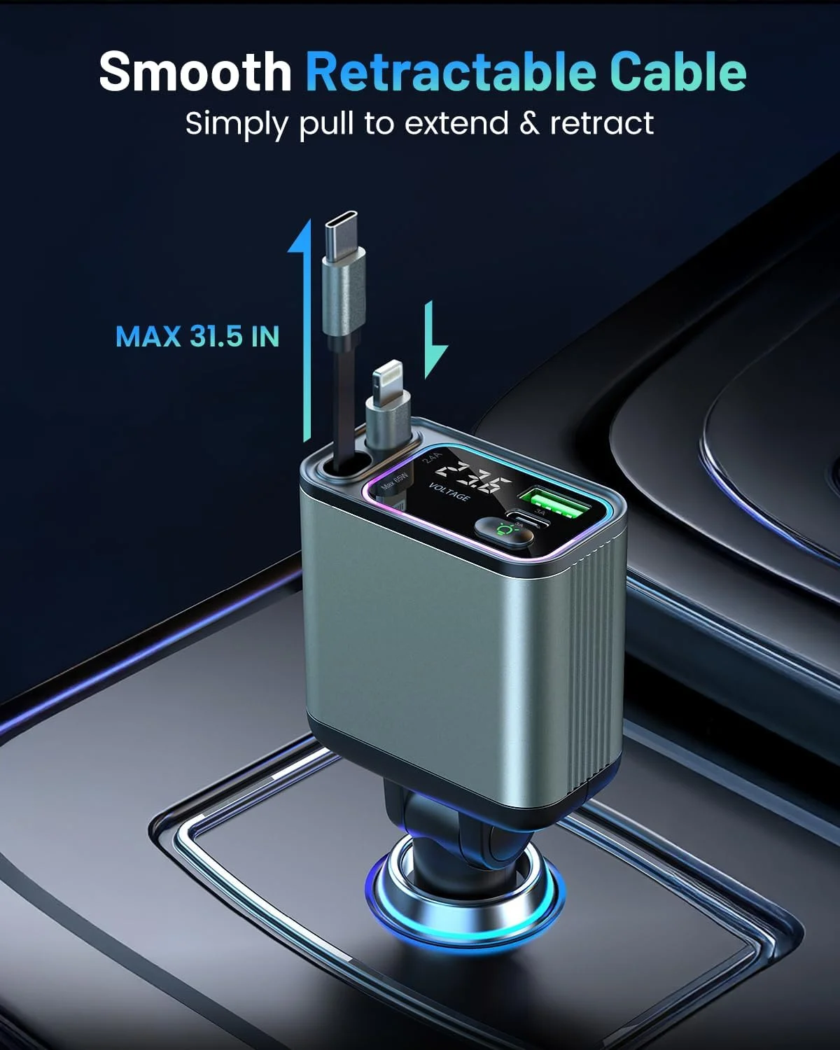 4-in-1 Retractable Car Charger with RGB Lighting, 92W Fast Charging USB C Car Adapter