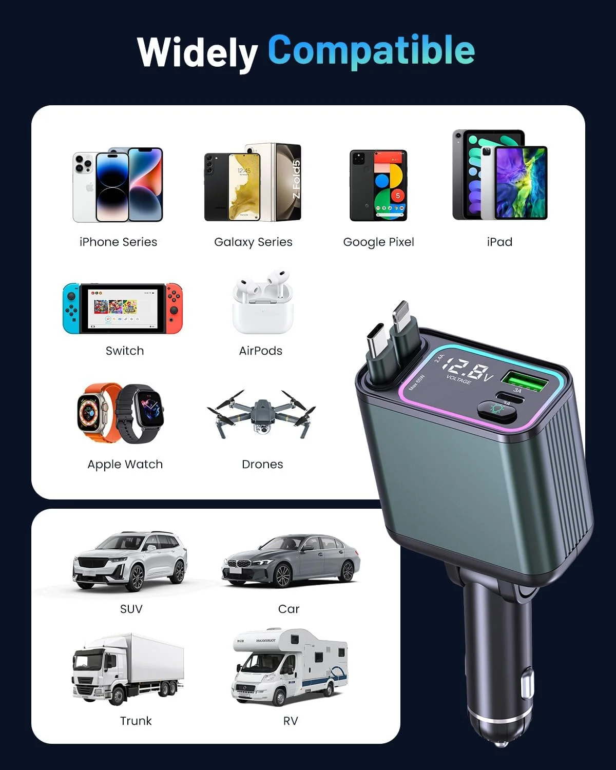 4-in-1 Retractable Car Charger with RGB Lighting, 92W Fast Charging USB C Car Adapter