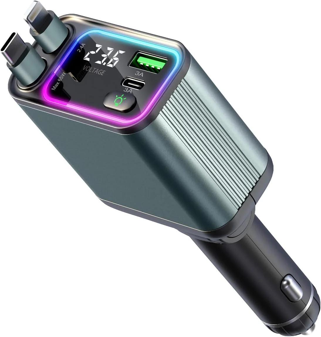 4-in-1 Retractable Car Charger with RGB Lighting, 92W Fast Charging USB C Car Adapter