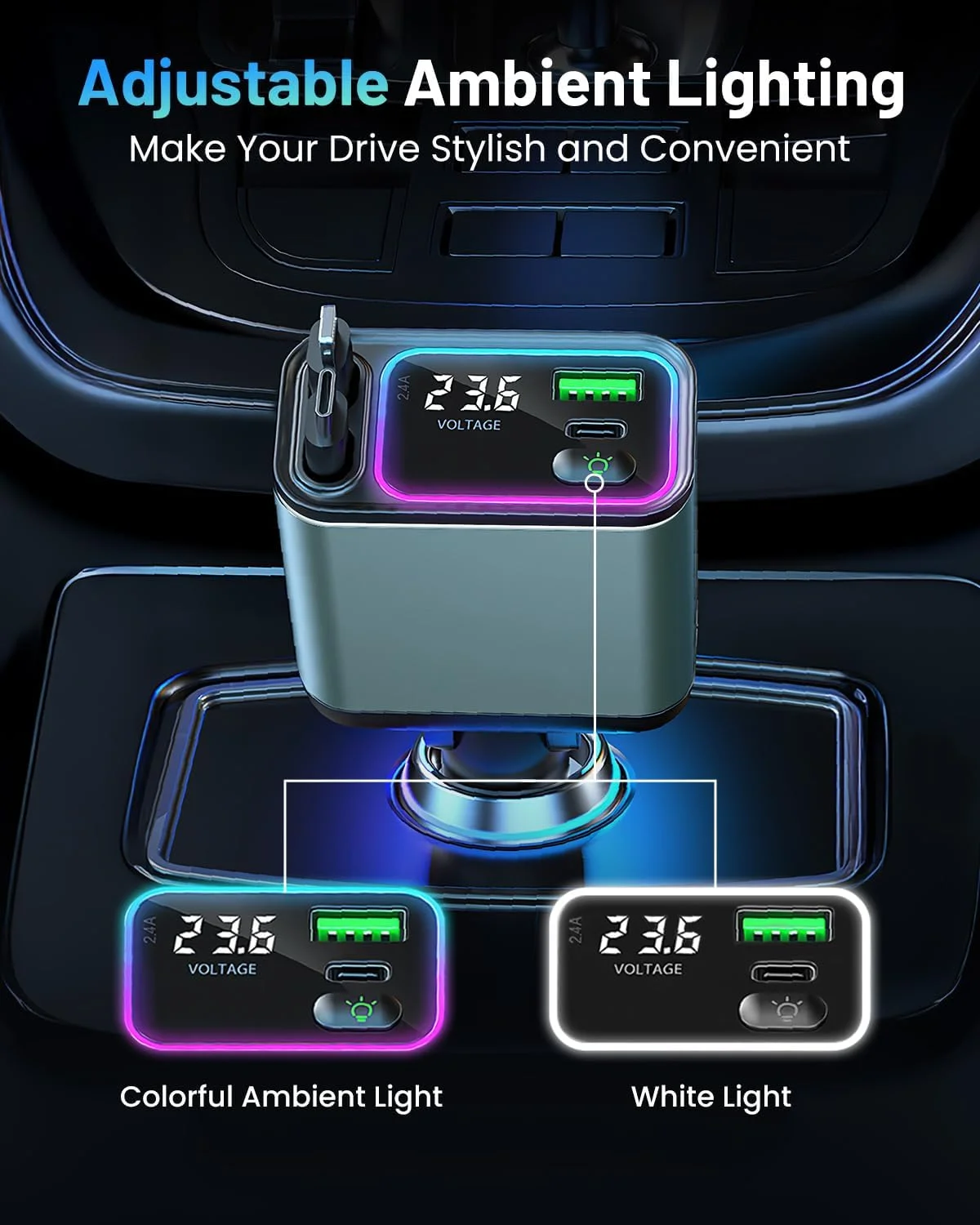 4-in-1 Retractable Car Charger with RGB Lighting, 92W Fast Charging USB C Car Adapter