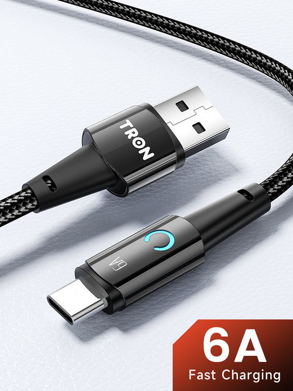TRON TR6 USB-A to USB-C Fast Charging Cable – 6A – 6ft – Black color option