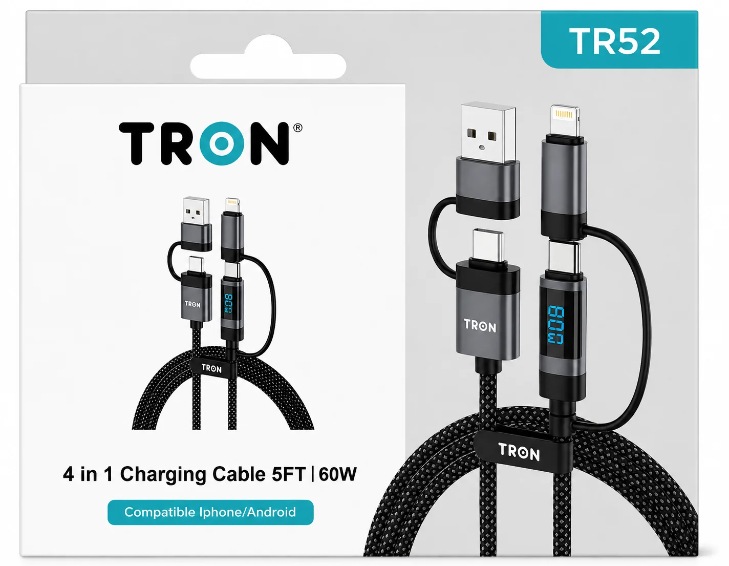 TRON TR52 4-in-1 Charging Cable – 5FT, 60W Fast Charging – Black color option