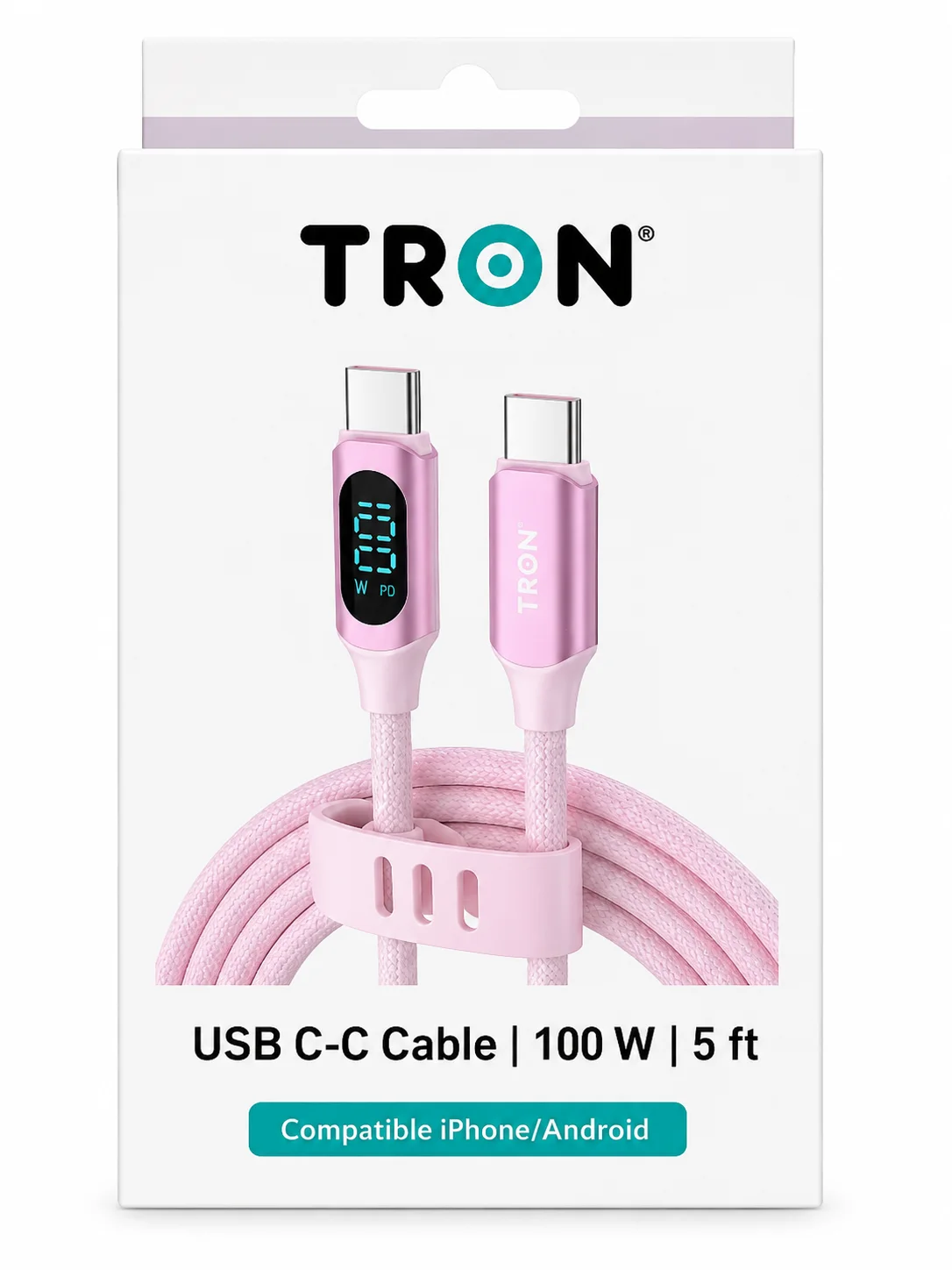 TRON USB-C to USB-C Charging Cable – 100W Fast Charging, 5FT – Pink