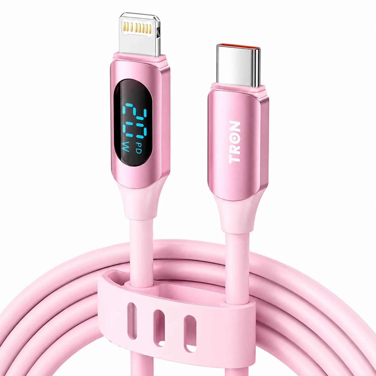 TRON USB-C to Lightning Charging Cable with Digital Display – 5FT – Pink