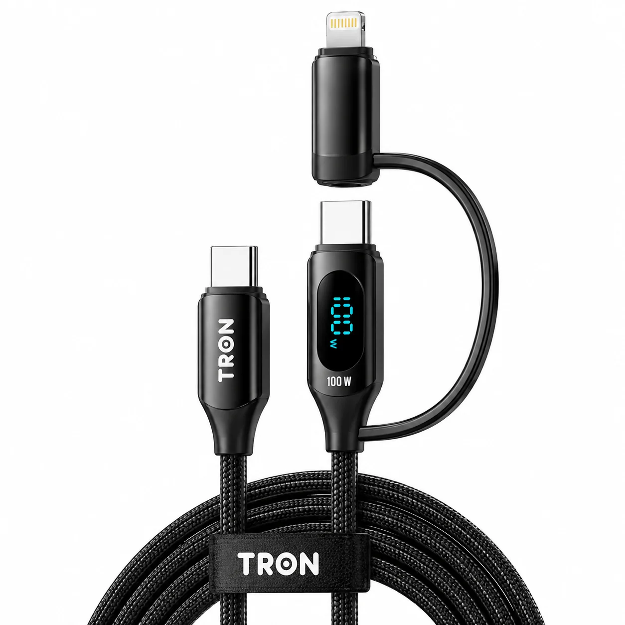 TRON 2-in-1 USB-C to USB-C & Lightning Charging Cable with Digital Display – 100W – Black
