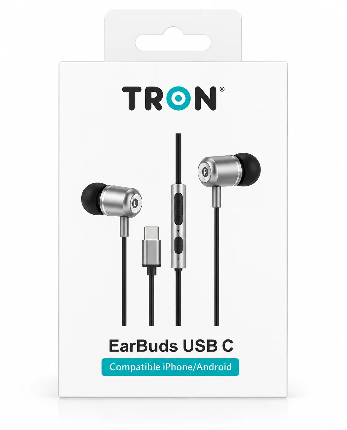 TRON TR55 USB-C Wired Earbuds with Microphone & In-Line Controls – Silver/Black color option