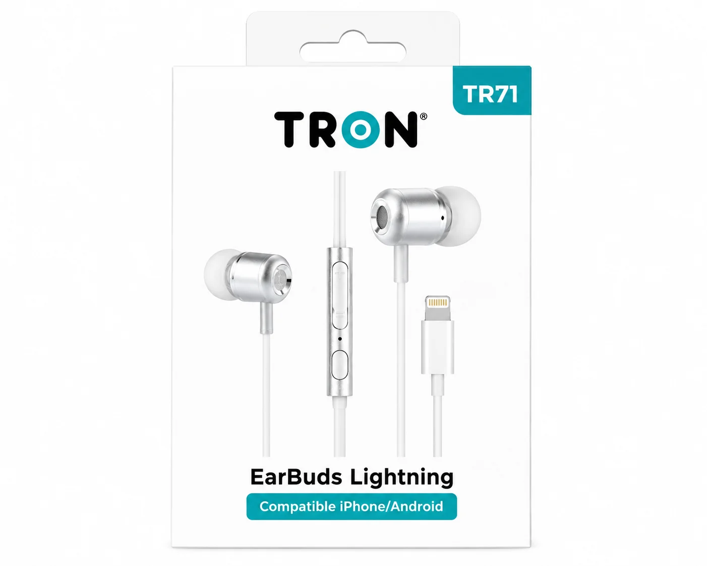 TRON TR71 Lightning Wired Earbuds with Microphone & In-Line Controls – Silver/White