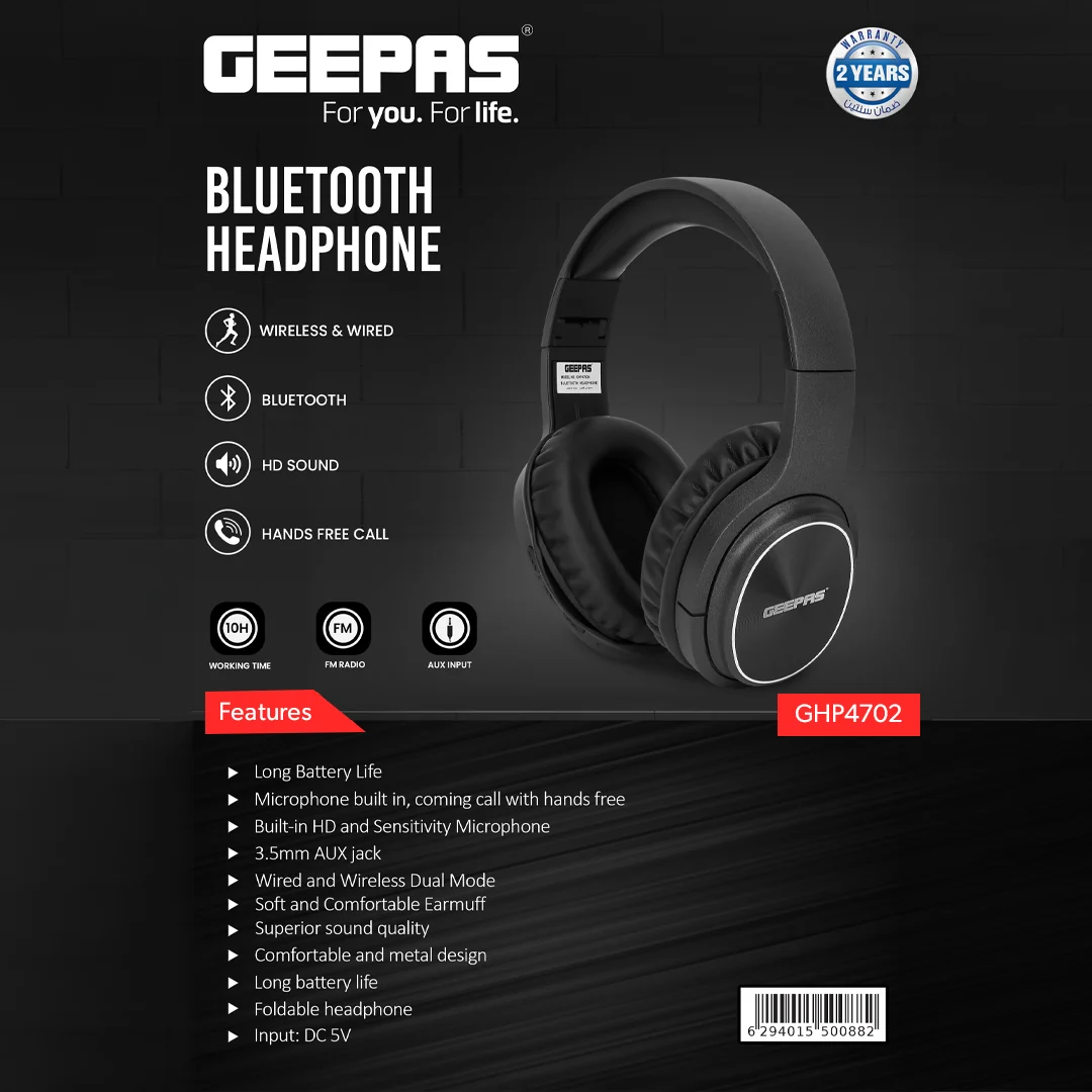 Geepas GHP4702 هێدفۆنی بلوتوس – بە وایەر و بێ وایەر، دەنگی HD، باتری تا 10 کاتژمێر، مایکی ناوخۆ و ڕادیۆی FM – ڕەش