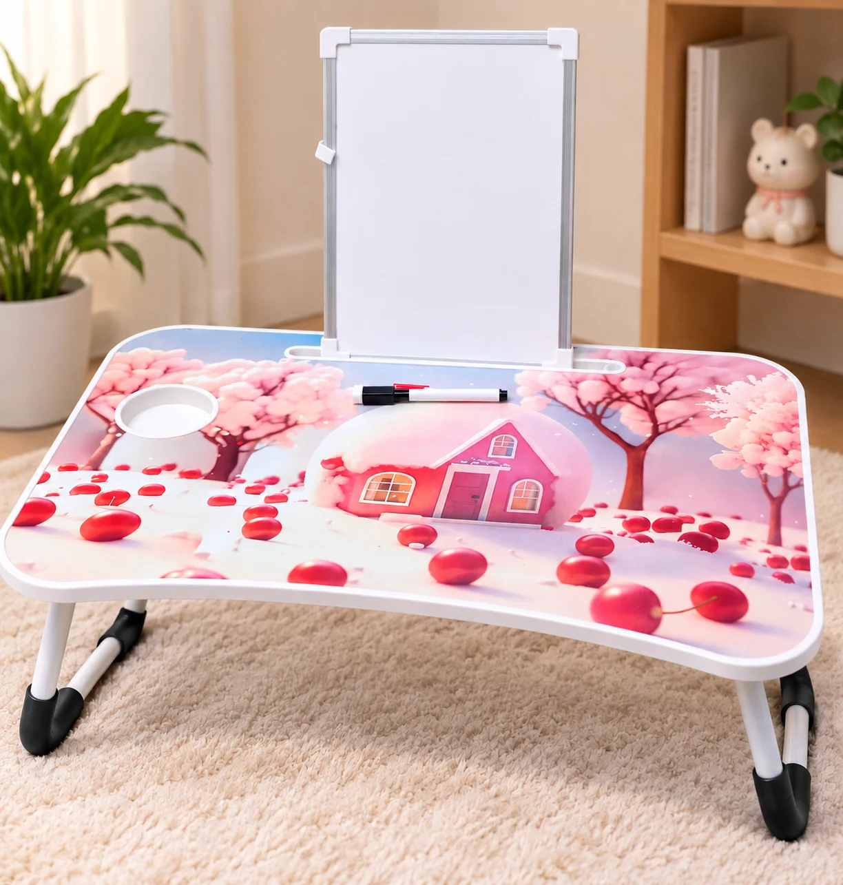 2-Piece Foldable Kids Study Table with Whiteboard & Cup Holder – Pink color option