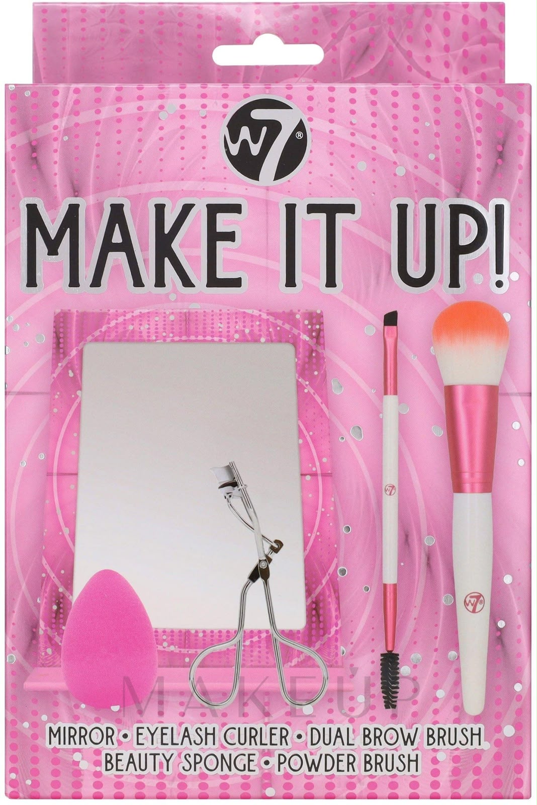 W7 Makeup Gift Set Make It Up – Mirror, Eyelash Curler, Dual Brow Brush, Beauty Sponge & Powder Brush color option