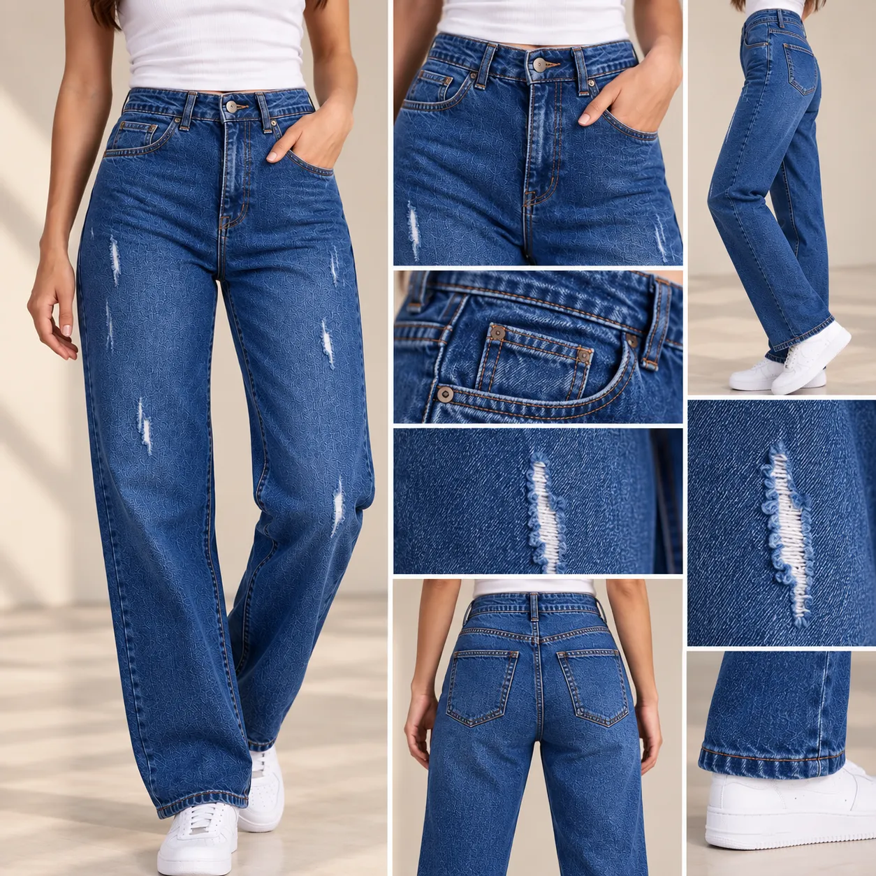 Women’s High-Waist Wide-Leg Denim Jeans – Distressed Detail – Blue