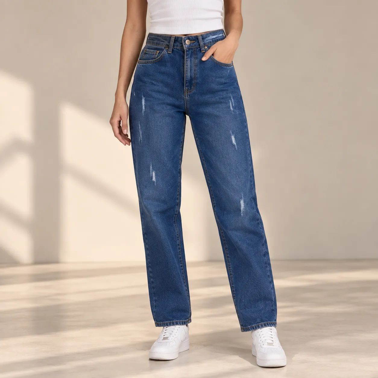 Women’s High-Waist Wide-Leg Denim Jeans – Distressed Detail – Blue