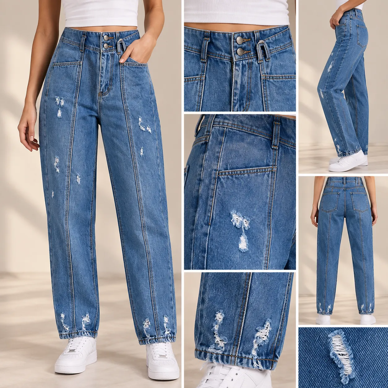 Women’s High-Waist Wide-Leg Denim Jeans – Distressed Detail – Blue
