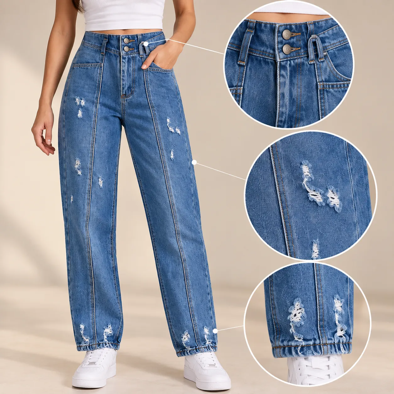 Women’s High-Waist Wide-Leg Denim Jeans – Distressed Detail – Blue