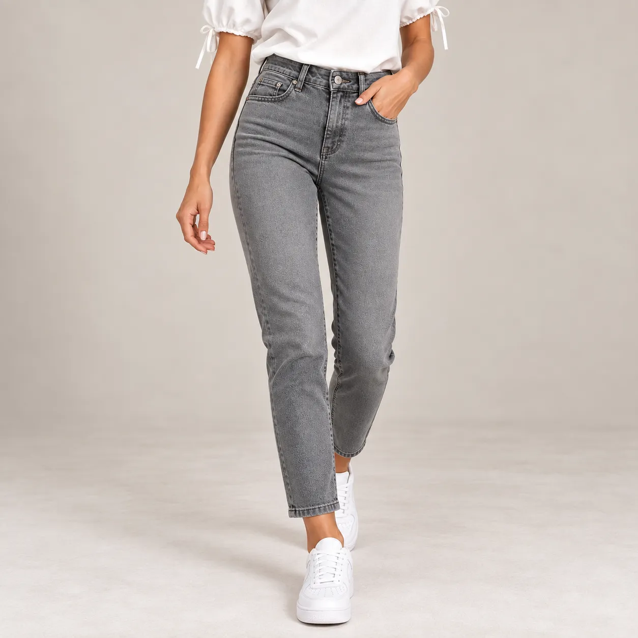 Women’s High-Waist Straight-Leg Denim Jeans – Ankle Length – Gray