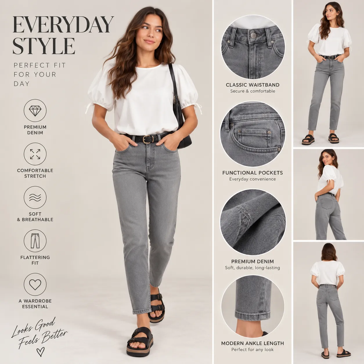 Women’s High-Waist Straight-Leg Denim Jeans – Ankle Length – Gray color option