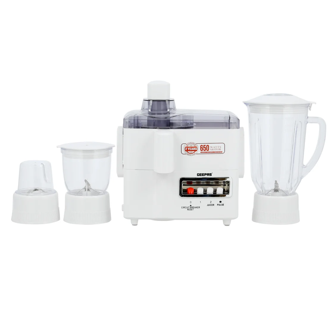 Geepas GSB6147 4-in-1 Food Processor – 650W – Transparent Plastic Jar – Stainless Steel Blades – Overheat Protection – 2 Speed Control – White color option