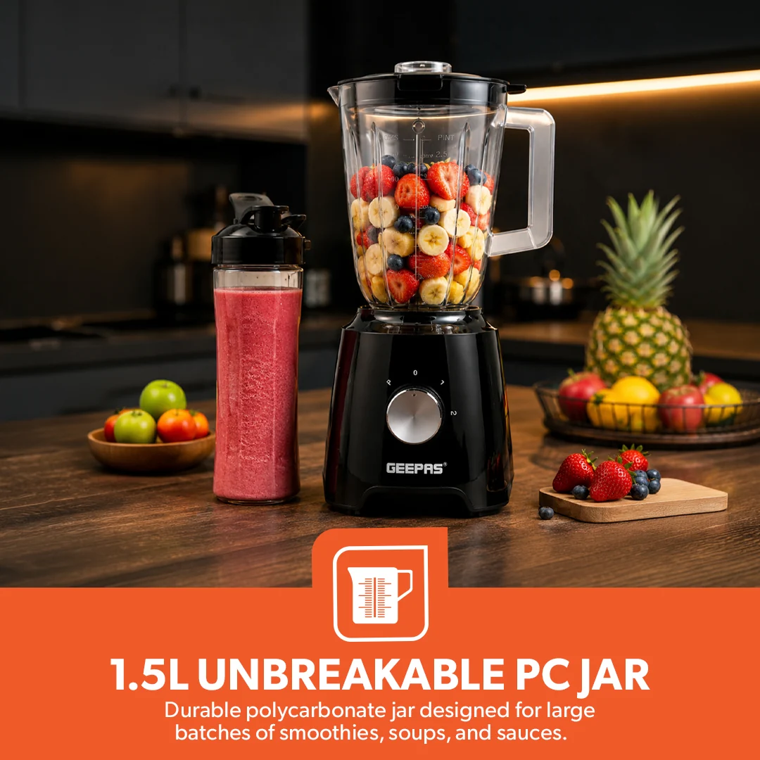 بڵێندەری جیپاس GSB44033 سێ لە یەک – قاپی 1.5 لیتر و 500 مل بە مادەی BPA – دوو ئاستی خێرایی لەگەڵ تایبەتمەندی پەڵس – بۆ ئامادەکردنی سموزی و میلک شەیک – هاڕینی قاوە و بەهارات