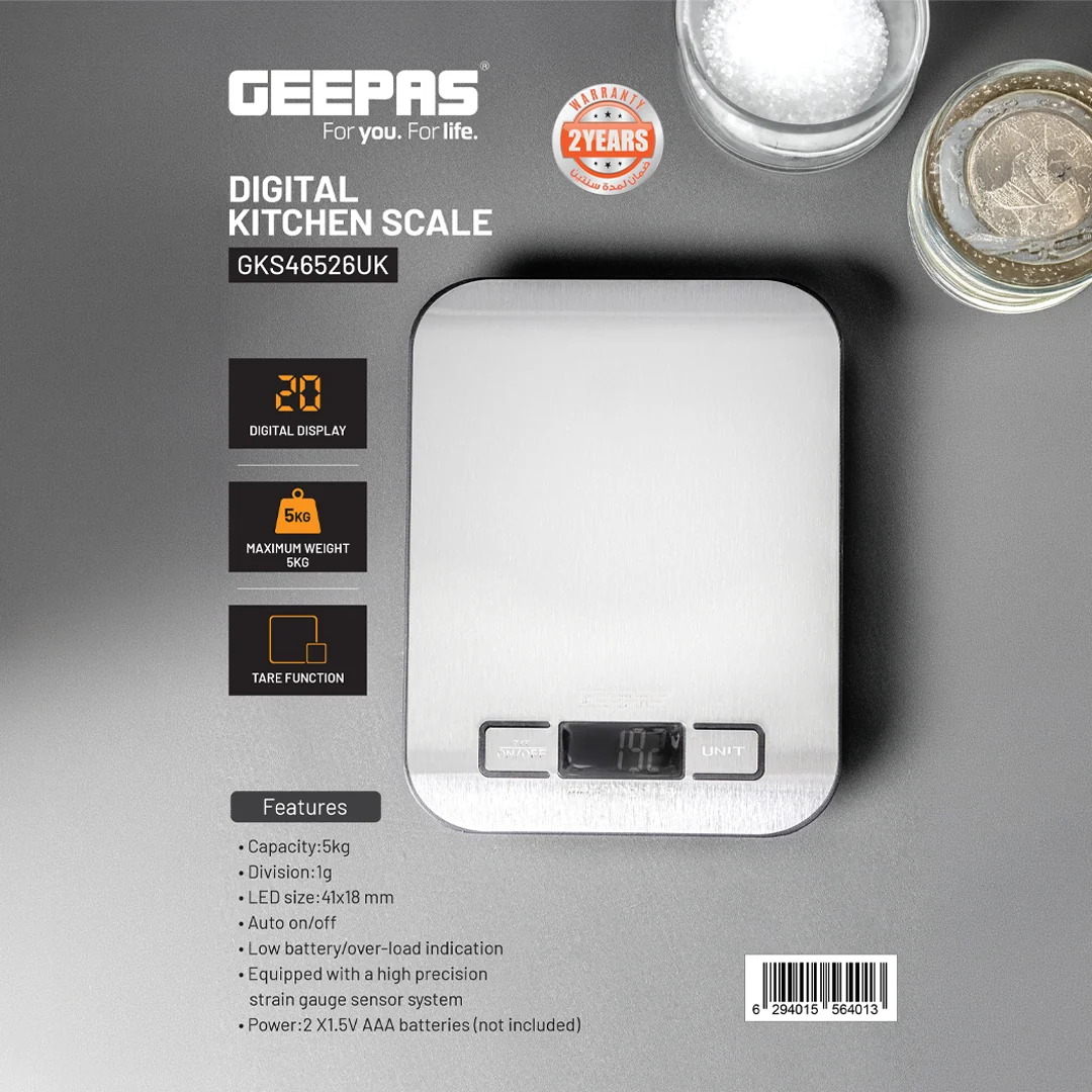 Geepas GKS46526UK Digital Kitchen Scale – 5kg Capacity – LED Display – Tare Function – High Precision Sensor – Auto On/Off – Stainless Steel Platform