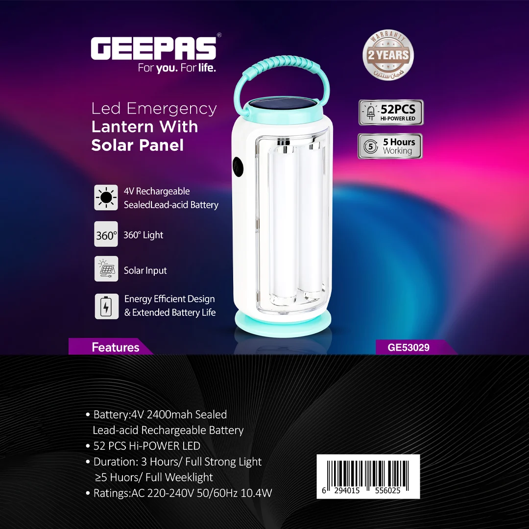 Geepas GE53029 LED Emergency Lantern with Solar Panel – 52 LEDs – 360° Lighting – 5 Hours Backup – Energy Efficient