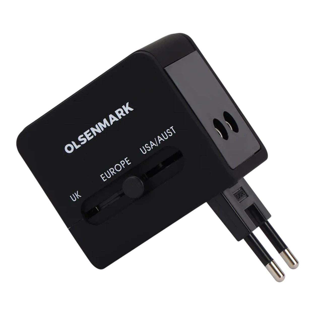 Olsenmark OMES1951 Multi-Nation Travel Adapter – 4-in-1 Multi-Plug System – Dual USB Charging Ports – 5A High-Power Output – Intelligent Safety Protection – Black
