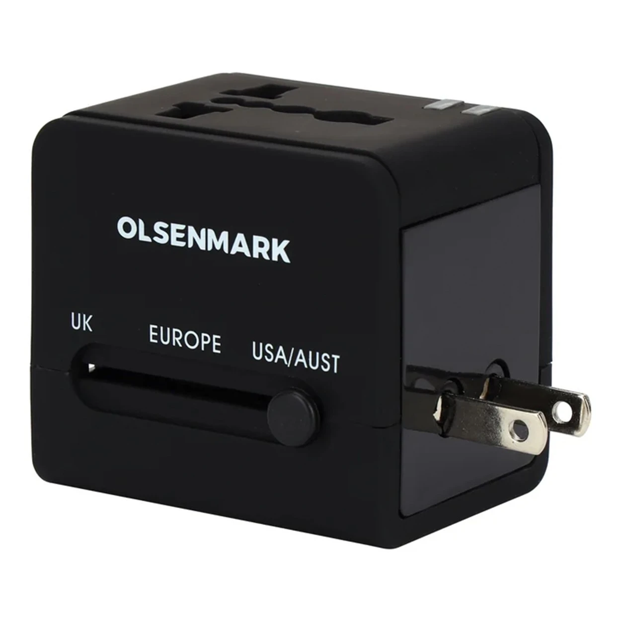 Olsenmark OMES1951 Multi-Nation Travel Adapter – 4-in-1 Multi-Plug System – Dual USB Charging Ports – 5A High-Power Output – Intelligent Safety Protection – Black