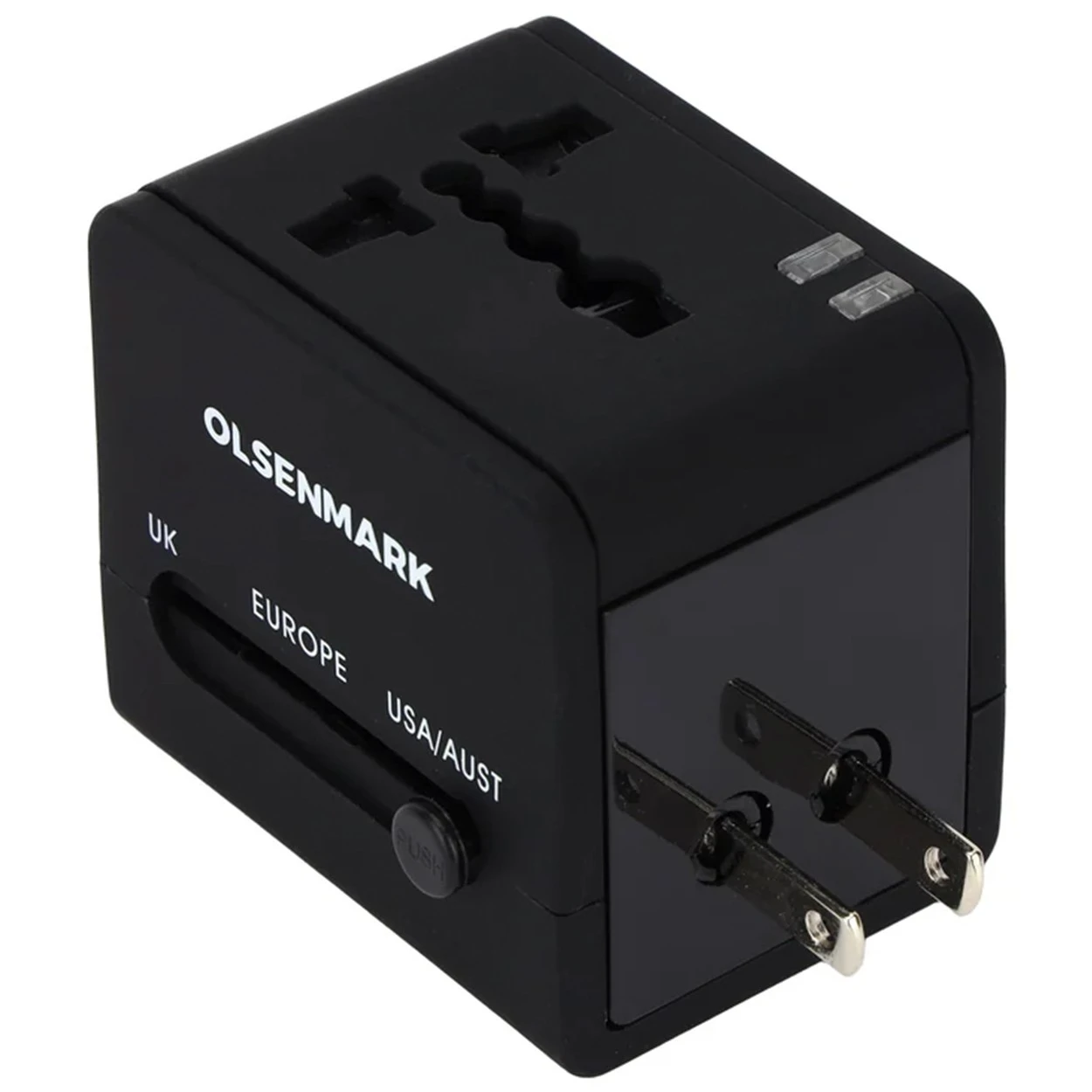 Olsenmark OMES1951 Multi-Nation Travel Adapter – 4-in-1 Multi-Plug System – Dual USB Charging Ports – 5A High-Power Output – Intelligent Safety Protection – Black