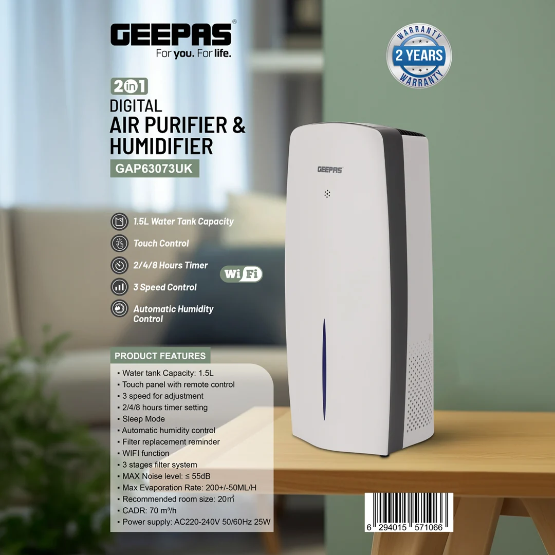 ئامێری دیجیتاڵی پاککردنەوە و شێدارکردنی هەوای جیپاس GAP63073UK -تانکی بە 1.5 لیتر -کۆنترۆڵکردن لە ڕێگەی WiFi -٣ ئاستی خێرایی -هەستەوەری ئۆتۆماتیکی شێ -کارکردنی بێدەنگ