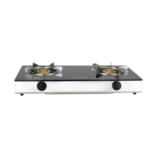 Krypton KNGC6571 Double Burner Gas Cooker | Glass Top Panel | Stainless Steel Tray and Frame | Double Brass Burners | Low Energy Consumption | Automatic Ignition System | LPG Gas Stove | Black | 2 Years Warranty