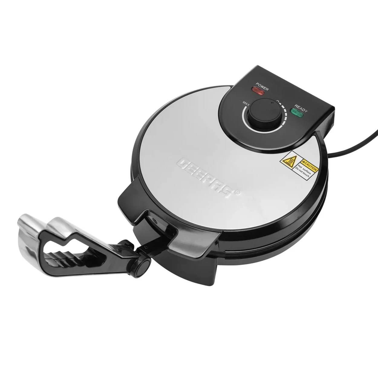 Geepas Chapathi Maker GCM6125 | 1200W | 10-Inch Cooking Surface | Non-Stick Plates | Automatic Temperature Control | Overheat Protection | Skid-Resistant Feet | Silver & Black