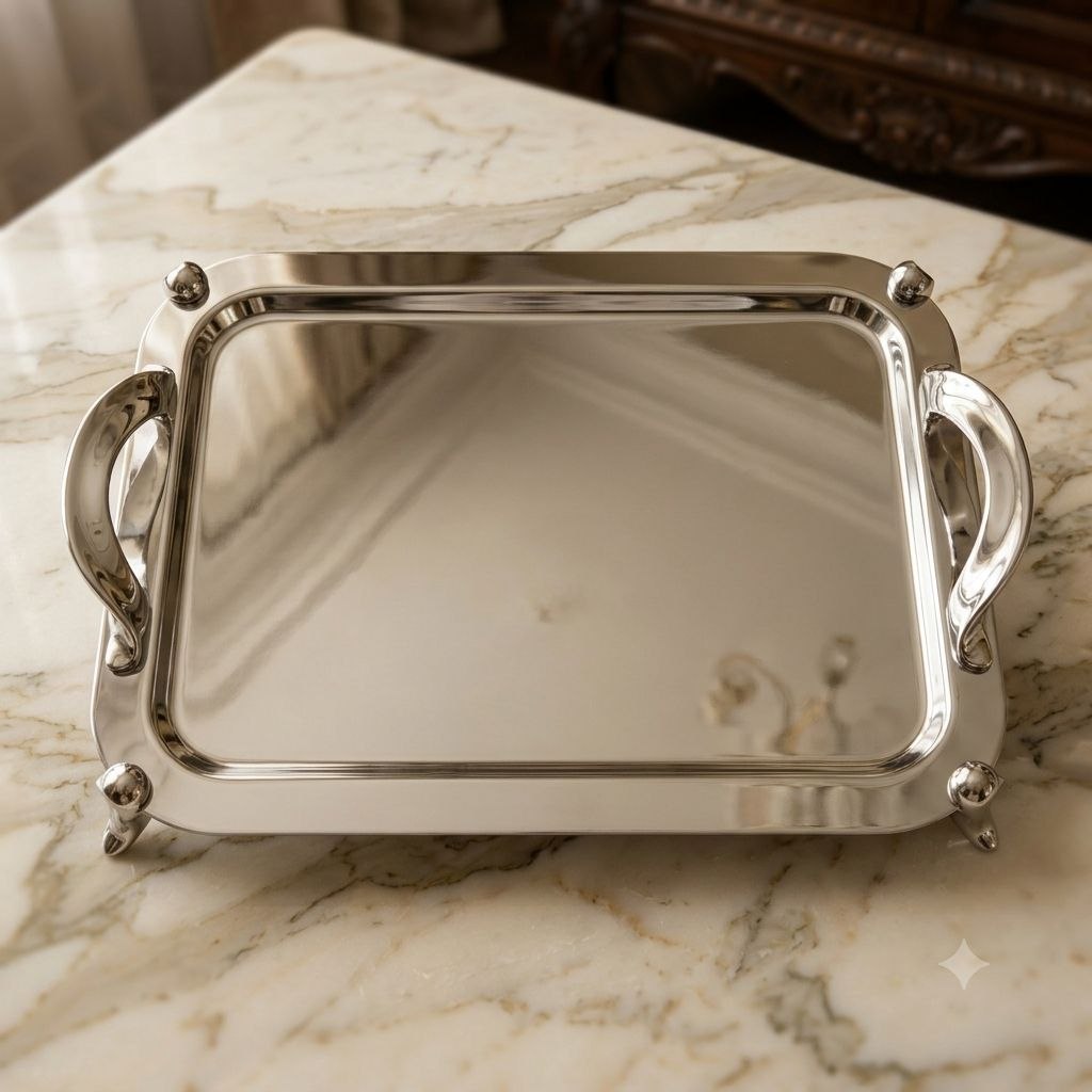 Ozlife Stainless Steel Serving Tray | Simple Rectangular Design | Silver Handles | 39 × 28 cm | Silver color option