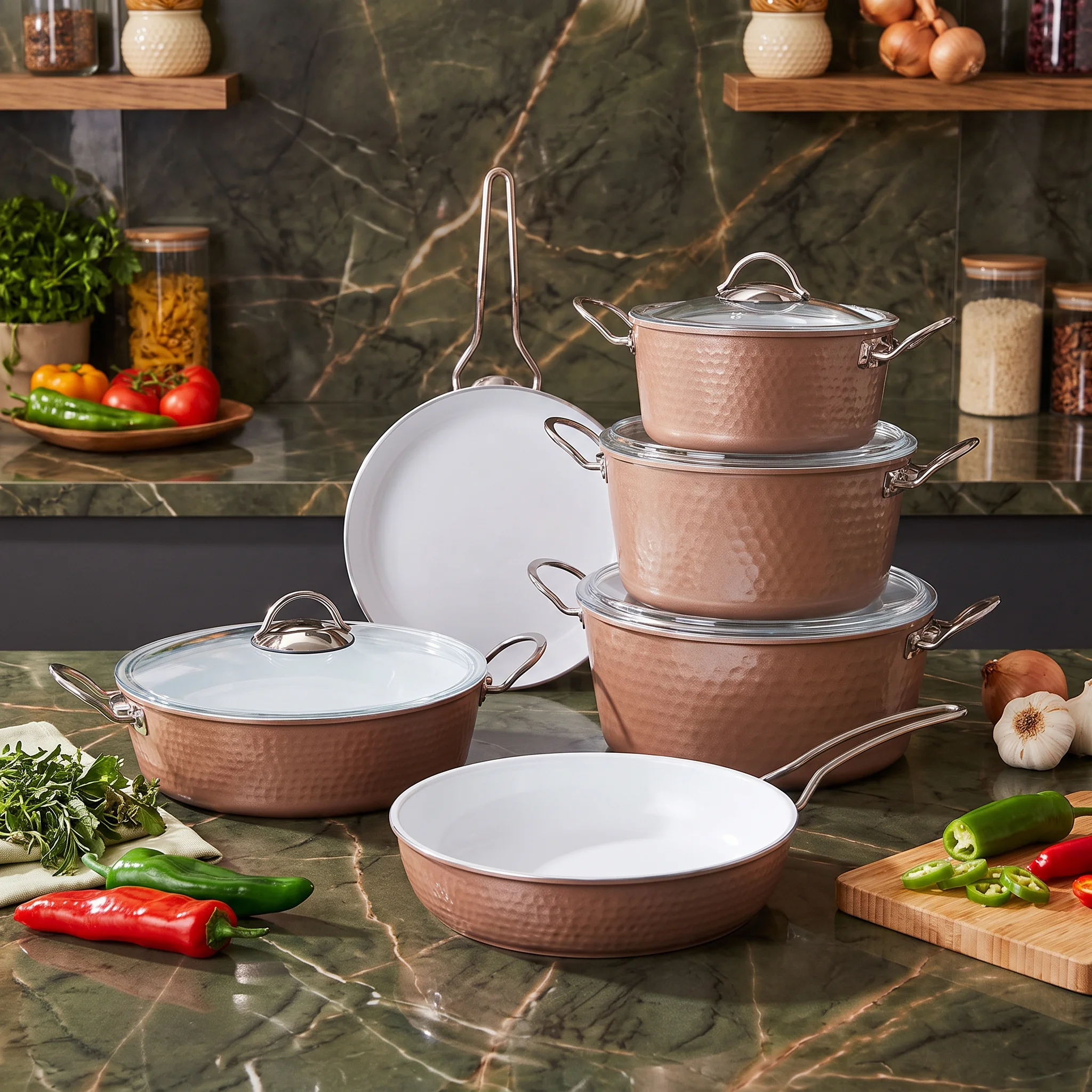 9-Piece Ceramic Non-Stick Cookware Set with Glass Lids – Brown