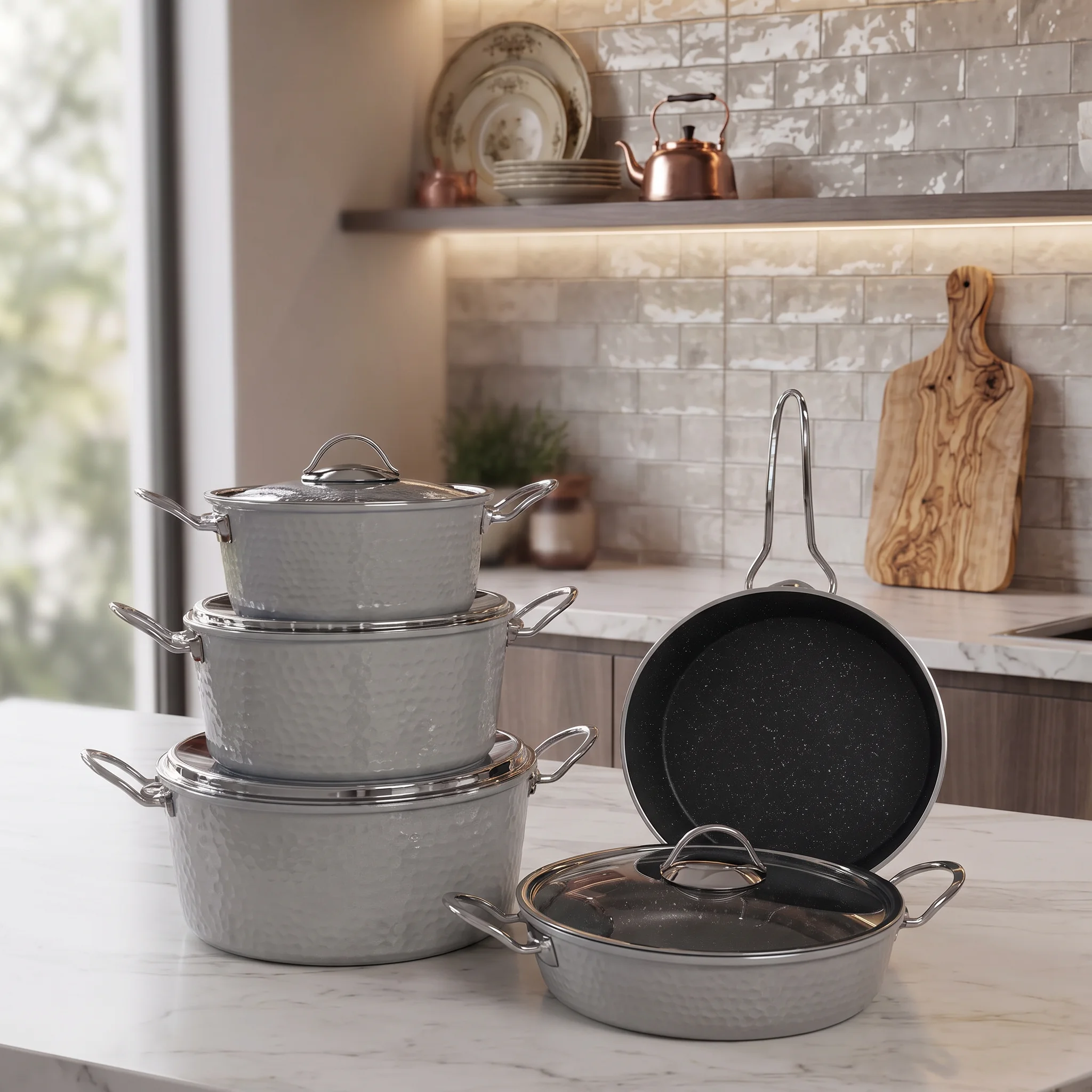 9-Piece Ceramic Non-Stick Cookware Set with Glass Lids – silver